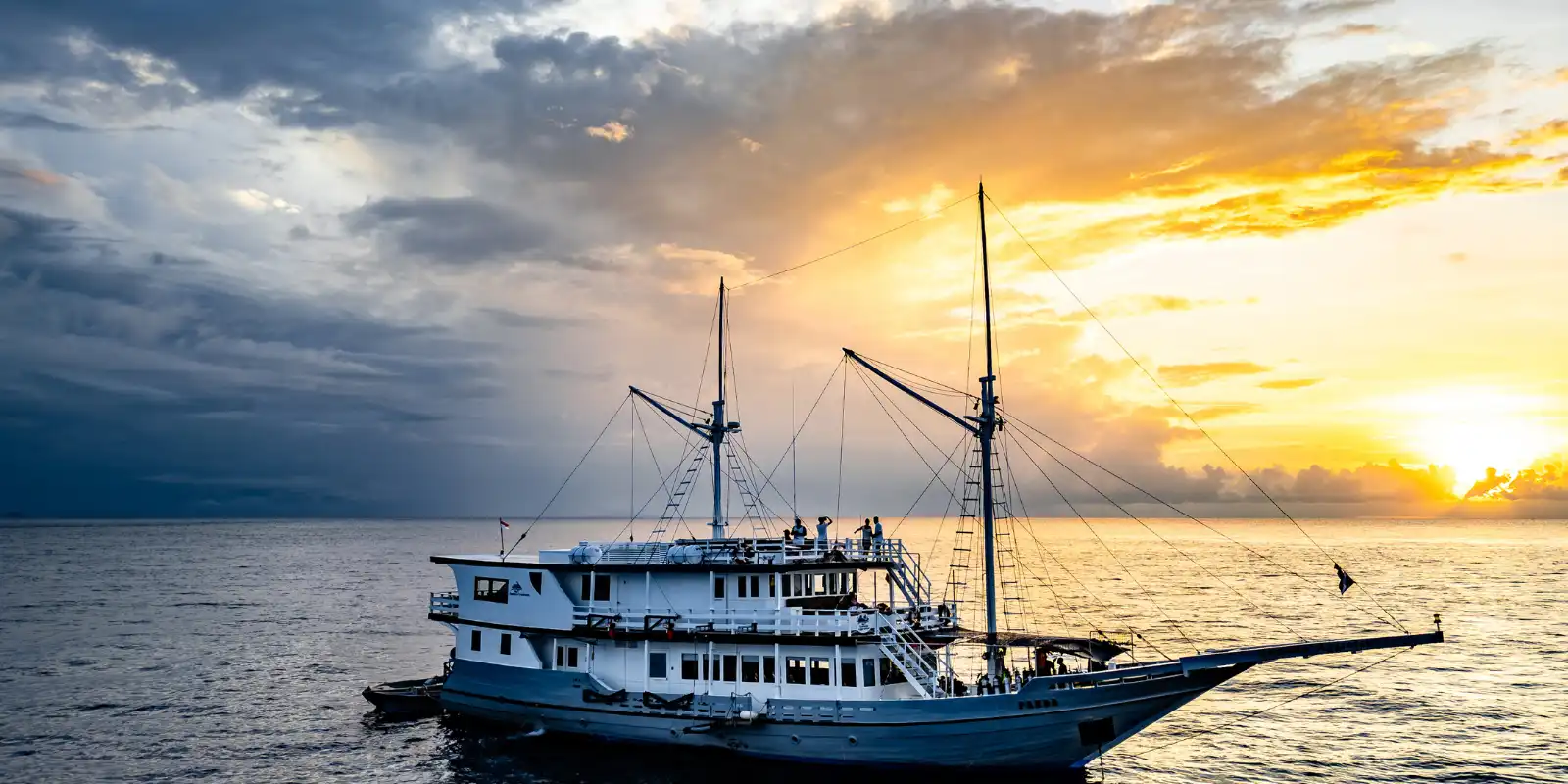 External view of Komodo Aggressor at sunset, Indonesia.