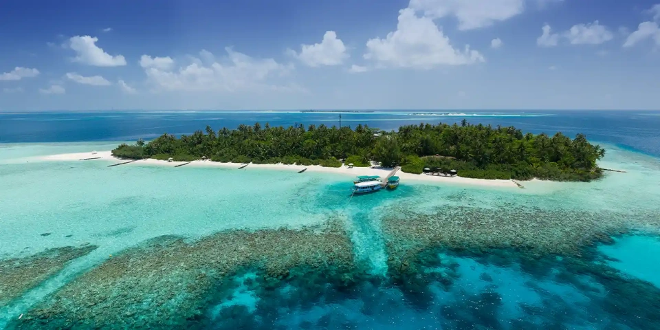 Aerial view of Embudu Village, Maldives.