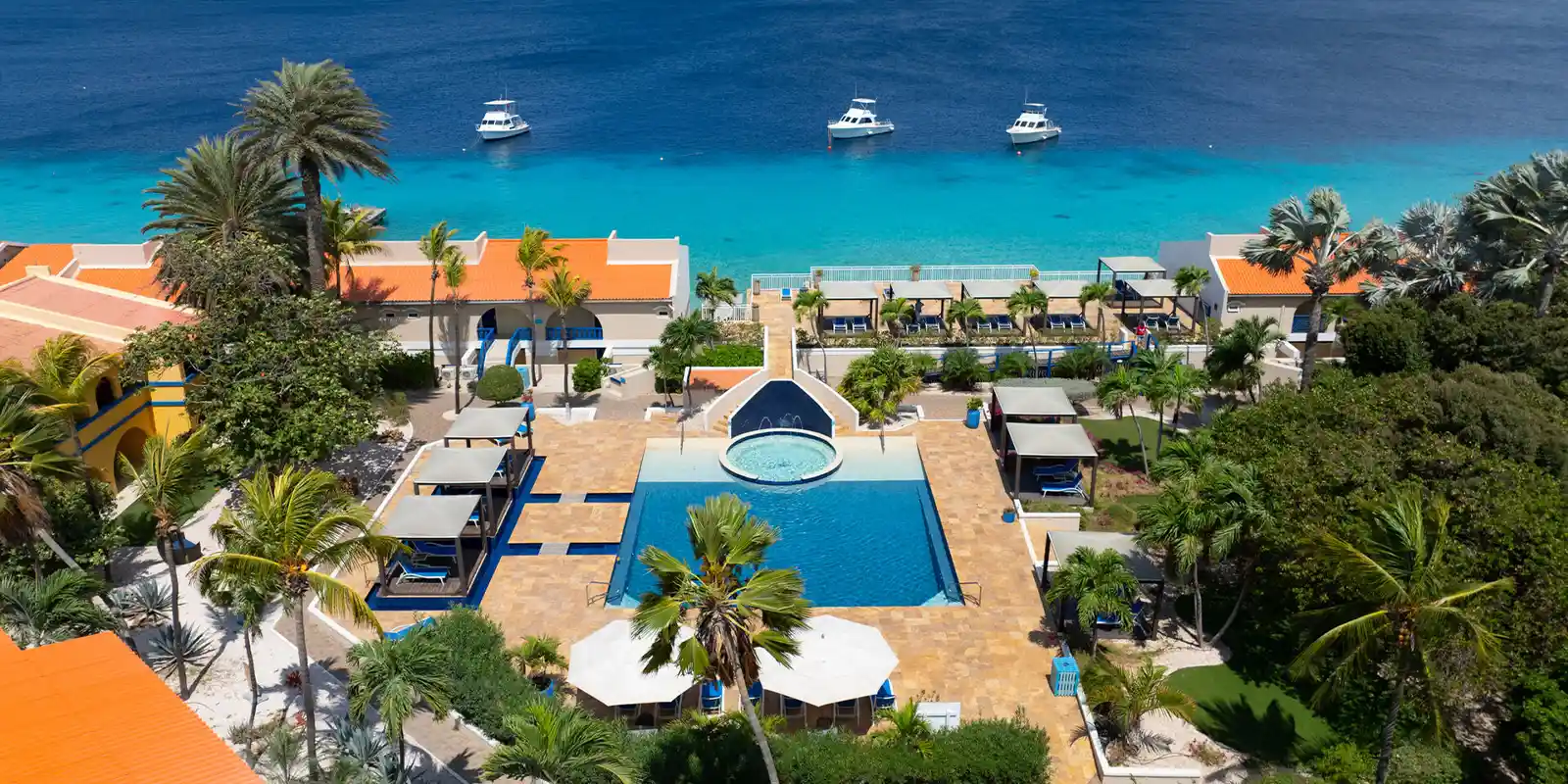 Aerial overview of Divi Flamingo Beach Resort pools, Bonaire