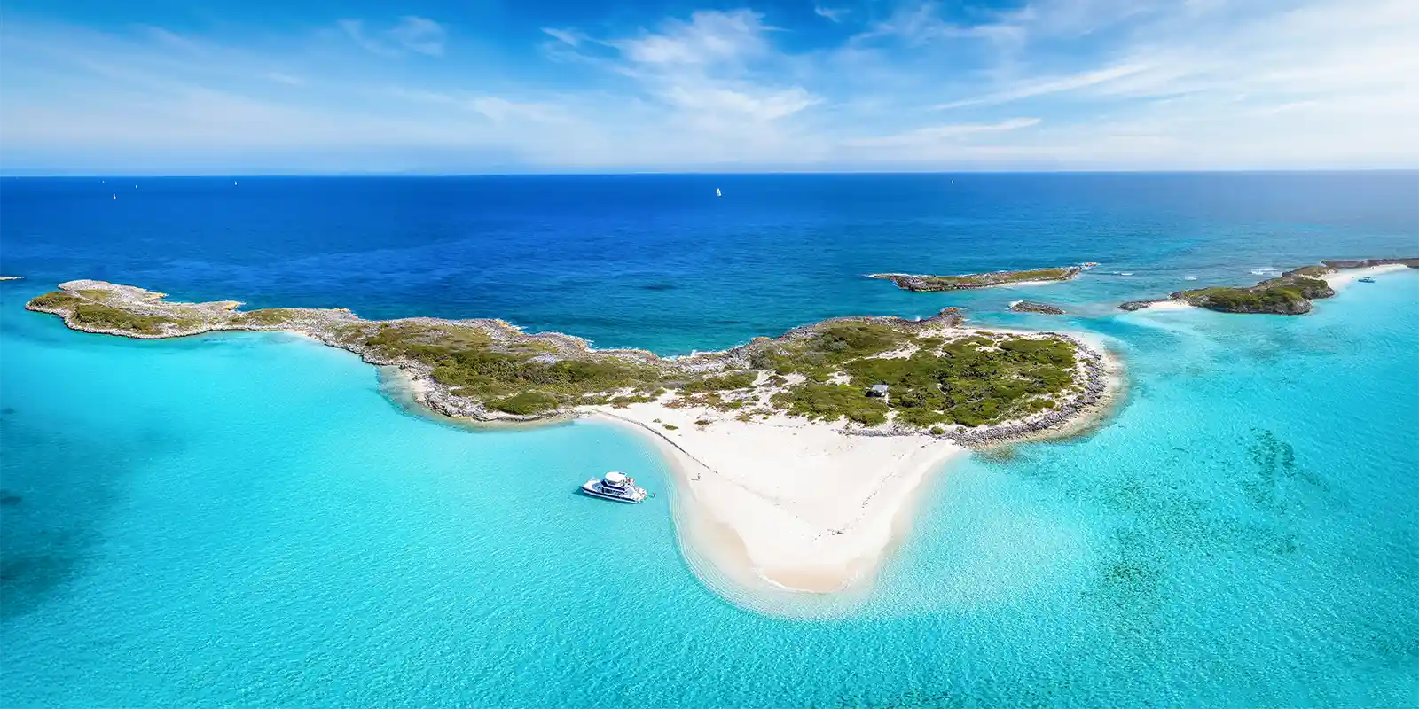 Aerial of a boat in Exuma Cays, the Bahamas