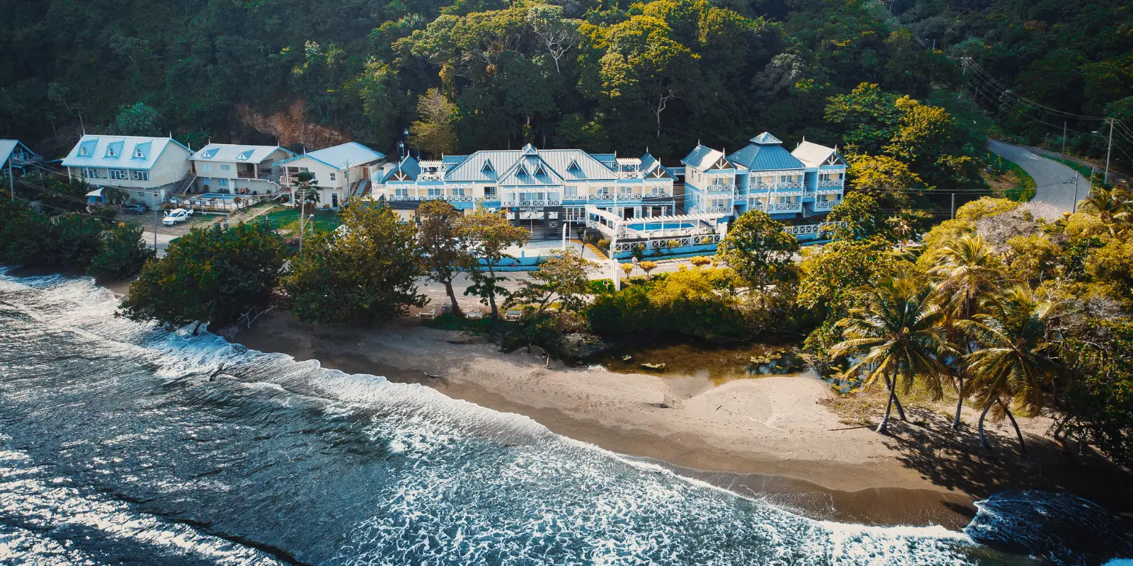 Aerial view of Manta Lodge in Tobago, Caribbean.