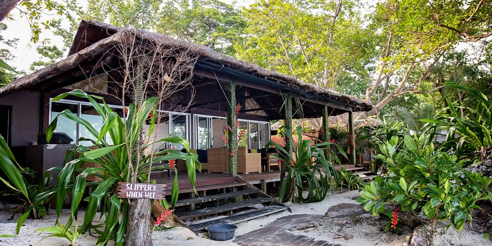 Exterior view of a beachfront fare at Barrier Beach Resort, Espiritu Santo Island, Vanuatu.