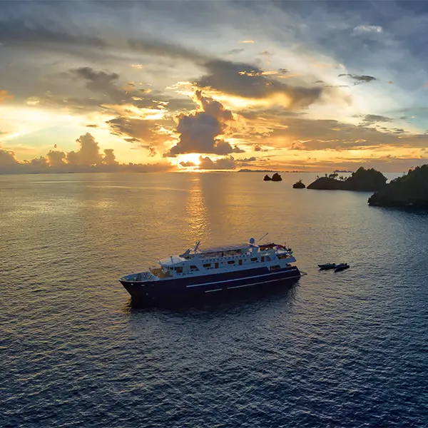 Aerial of Blue Manta Explorer liveaboard in Indonesia