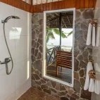 Beach bungalow bathroom at Nunukan Island Resort. Indonesia.