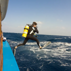 Diver jumping off the boat, Diverland Dive Centre at Embudu Village, Maldives.