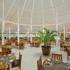 The restaurant area at Embudu Village, Maldives.