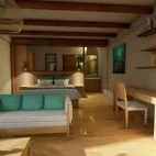 A beach villa lounge area at Island Luxury Retreat Maalhos, Maldives.