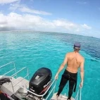 Dive boat in Somosomo Strait, Fiji.