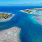 Aerial view of the island landscape in French Polynesia.