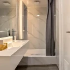 View of an en suite bathroom with shower, on Galaxy Diver II, Galápagos.