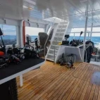 The underwater camera table on board Galaxy Diver II, in the Galápagos.