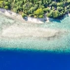 Aerial view of Alor Tanapi Dive Resort and the beautiful Alor Tanapi island coastline.