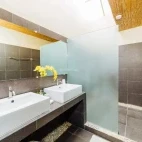 Example of the sea view deluxe cabana bathroom at Buceo Anilao Beach & Dive Resort, Philippines.