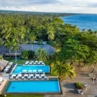 View of the pool, bar and lounge area at Atmosphere Resort, right by the beach, Philippines.