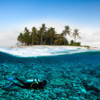 Split view of island and diver underwater