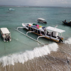 Dive boats at Pondok Baruna Garden in Nusa Lembongan, Indonesia.