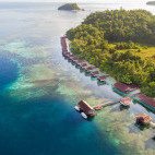 Aerial of Papua Paradise Eco Resort in Raja Ampat, Indonesia