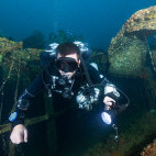 Diver and wreck in Malapascua, the Philippines.