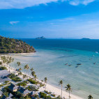 Aerial of beach and Saii Phi Phi Island Village in Thailand