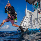 Diver jumping off Mike Ball's Spoilsport liveaboard.