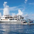 View of the Bahamas Aggressor II, with a RIB alongside the liveaboard vessel.