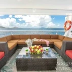 The upper deck open-air lounge area on the Bahamas Aggressor II, in the Caribbean.