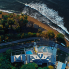 Aerial view of Manta Lodge, overlooking the Caribbean Sea in Tobago