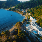 Aerial view of Manta Lodge in Speyside, and the stunning Tobago coastline