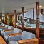 View of the salon, complete with boat-shaped buffet bar.