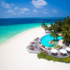 Aerial view of the pool at the Filitheyo Resort, The Maldives