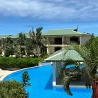 View of the pool area and accommodation at Nasama Resort, Vanuatu.