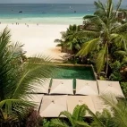 View of the infinity pool and the beach at The Z Hotel, Zanzibar.
