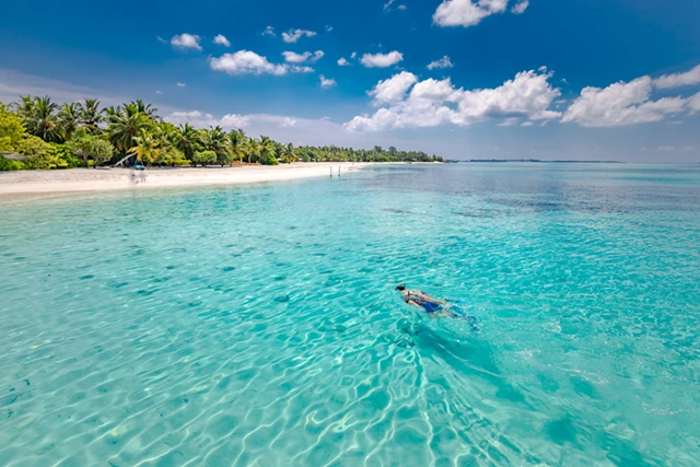Two people snorkelling near a white sand beach in the Maldives