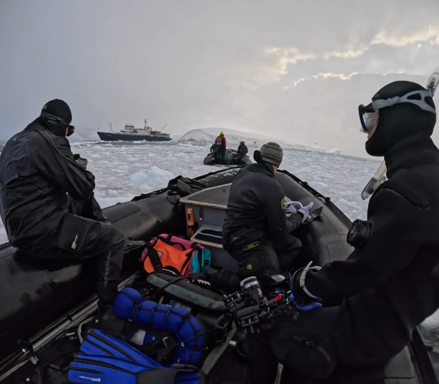 Divers on a RIB in Antarctica.