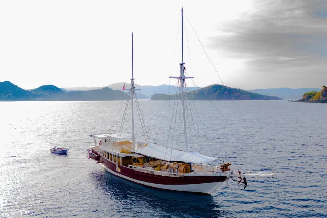 Aerial view of the Duyung Baru liveaboard, Indonesia.