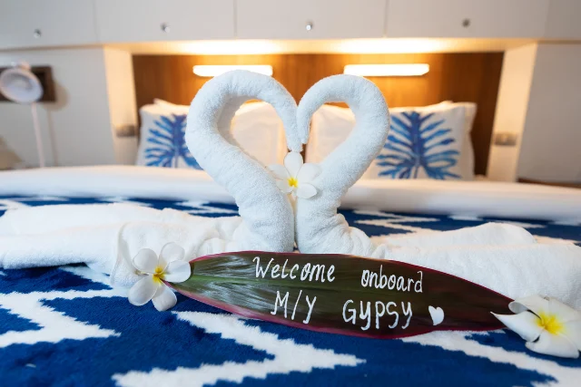 One of the deluxe bedrooms on MY Sea Gypsy, Philippines.