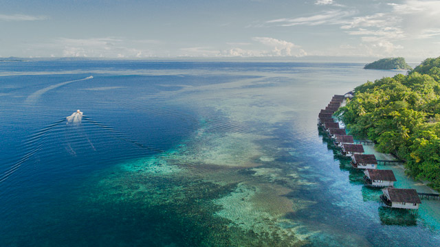 Aerial of Papua Paradise Resort in Raja Ampat, Indonesia