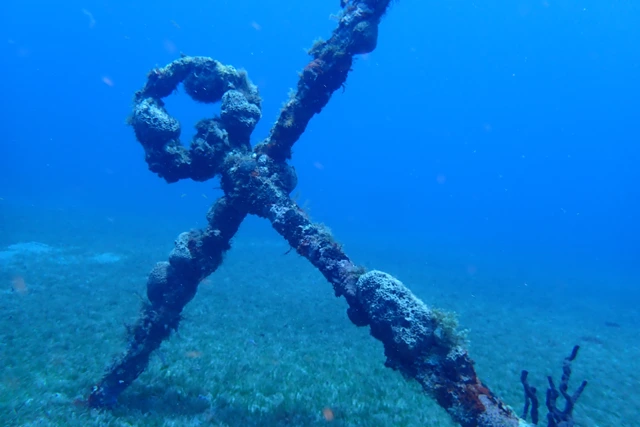 An anchor at the wreck of two 18th century trading ships, in St Eustatius, Caribbean.