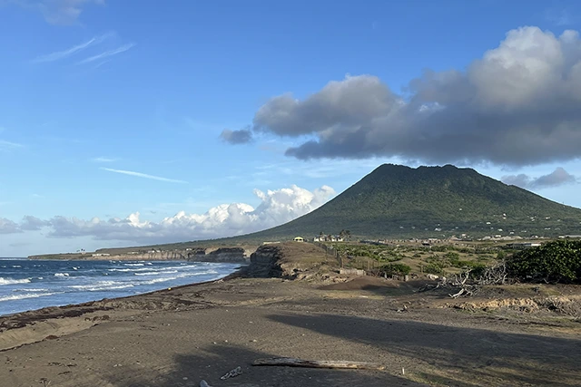View of the beach and volcano on St Eustatius, Caribbean.