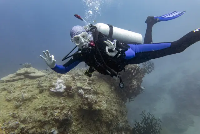 Helen Cox signalling an OK sign whilst diving SS President Coolidge in Vanuatu.