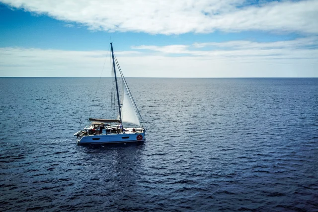 Aerial view of the Water & Wind liveaboard in the Azores.