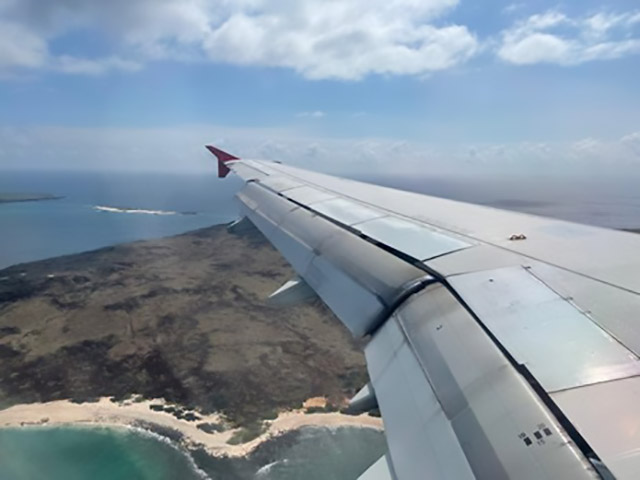 Flying into Baltra Island, the Galapagos.
